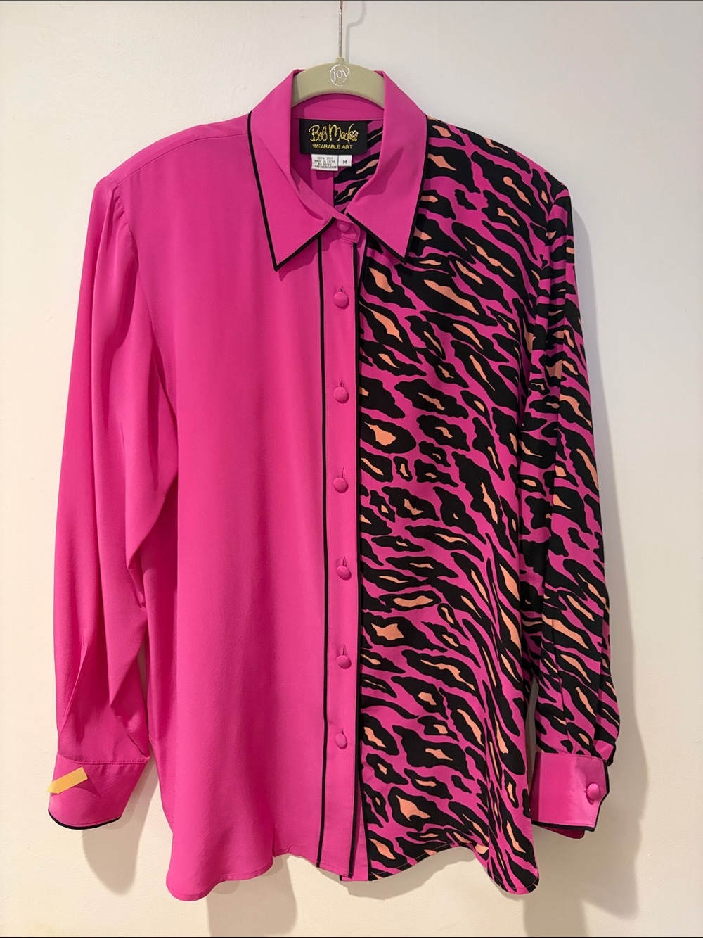 Vintage Bob Mackie Wearable Art Half Solid Pink & Half Animal Print Silk Blouse
